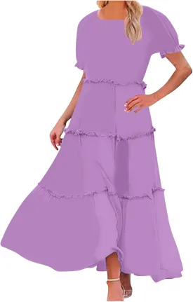 Summer Long Dresses for Women 2024 Casual Loose Fitting Tiered Ankle Length Dresses Solid Short Sleeve Maxi Dress