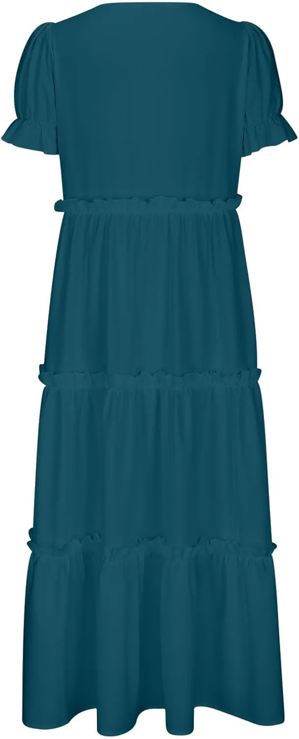 Summer Long Dresses for Women 2024 Casual Loose Fitting Tiered Ankle Length Dresses Solid Short Sleeve Maxi Dress