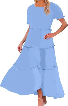 Summer Long Dresses for Women 2024 Casual Loose Fitting Tiered Ankle Length Dresses Solid Short Sleeve Maxi Dress