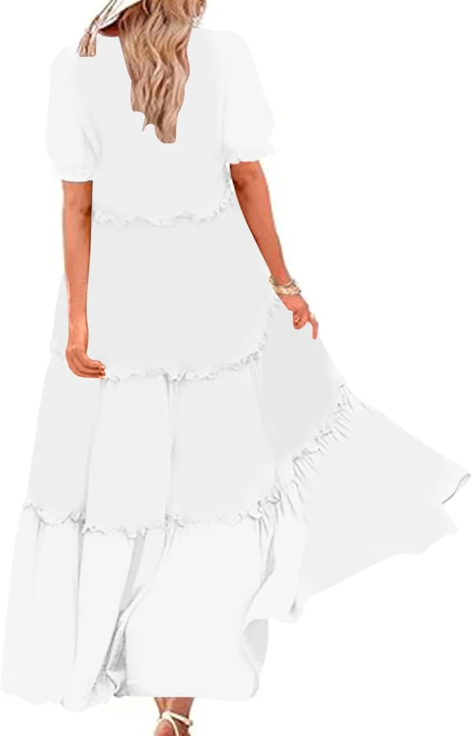 Summer Long Dresses for Women 2024 Casual Loose Fitting Tiered Ankle Length Dresses Solid Short Sleeve Maxi Dress