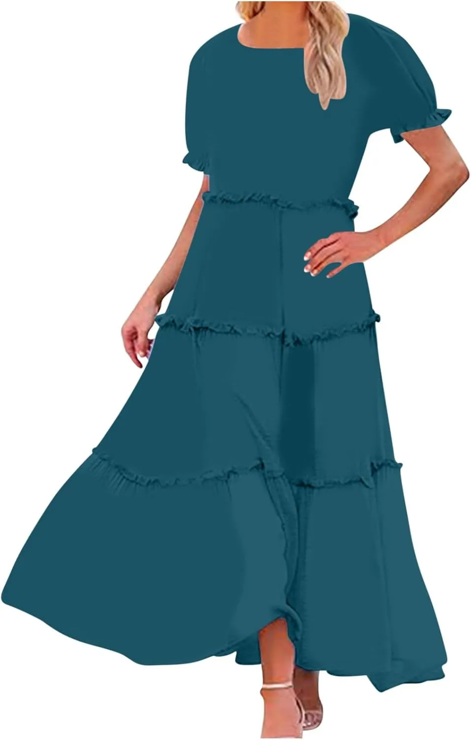 Summer Long Dresses for Women 2024 Casual Loose Fitting Tiered Ankle Length Dresses Solid Short Sleeve Maxi Dress