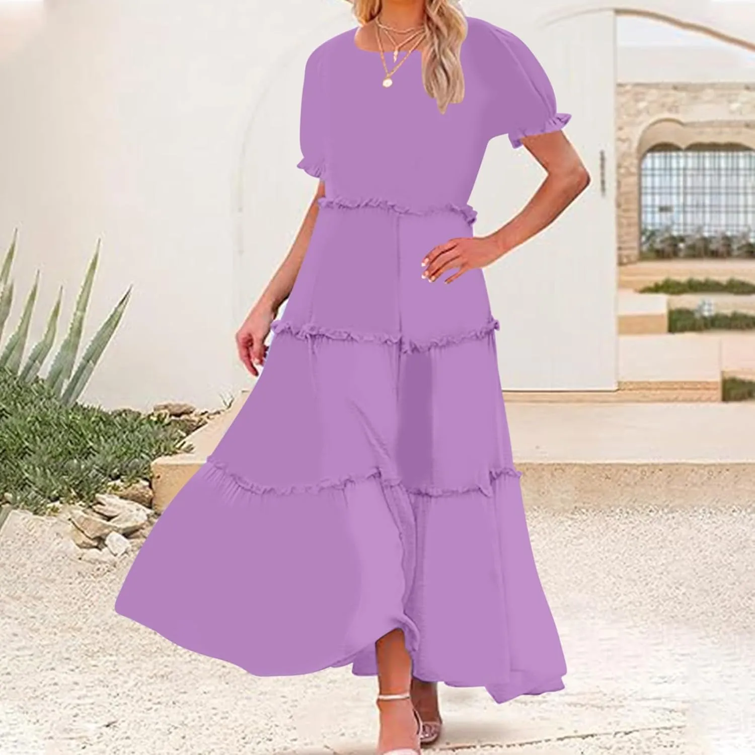 Summer Long Dresses for Women 2024 Casual Loose Fitting Tiered Ankle Length Dresses Solid Short Sleeve Maxi Dress