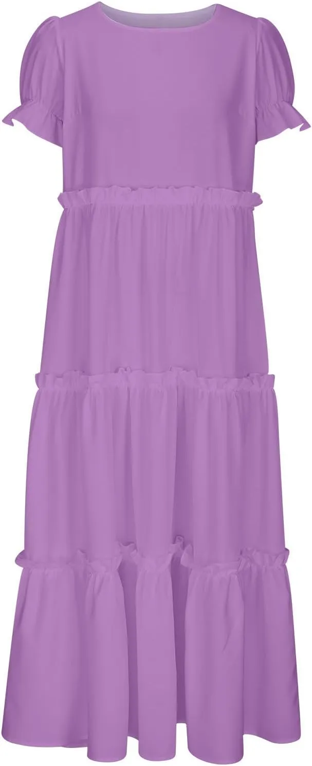 Summer Long Dresses for Women 2024 Casual Loose Fitting Tiered Ankle Length Dresses Solid Short Sleeve Maxi Dress