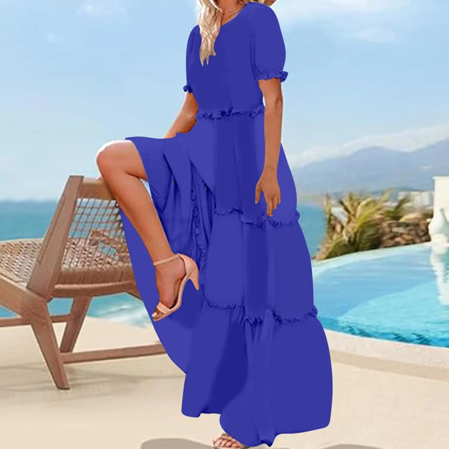 Summer Long Dresses for Women 2024 Casual Loose Fitting Tiered Ankle Length Dresses Solid Short Sleeve Maxi Dress