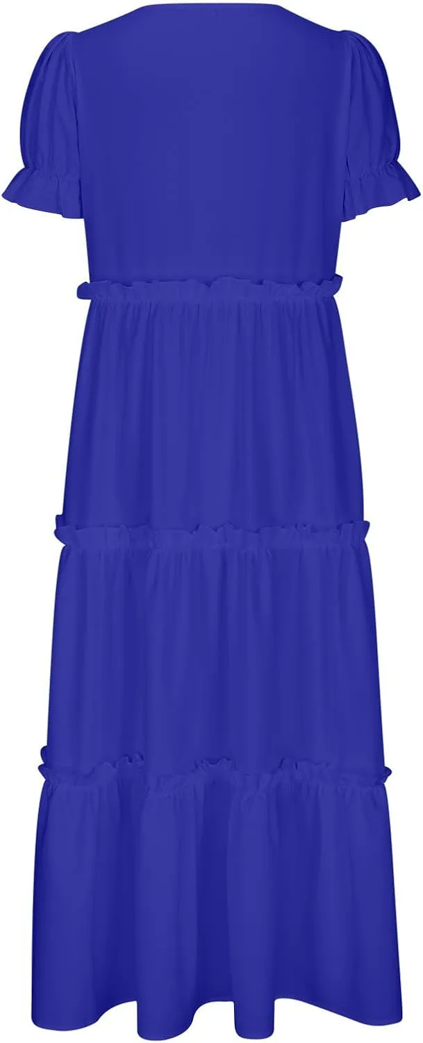 Summer Long Dresses for Women 2024 Casual Loose Fitting Tiered Ankle Length Dresses Solid Short Sleeve Maxi Dress