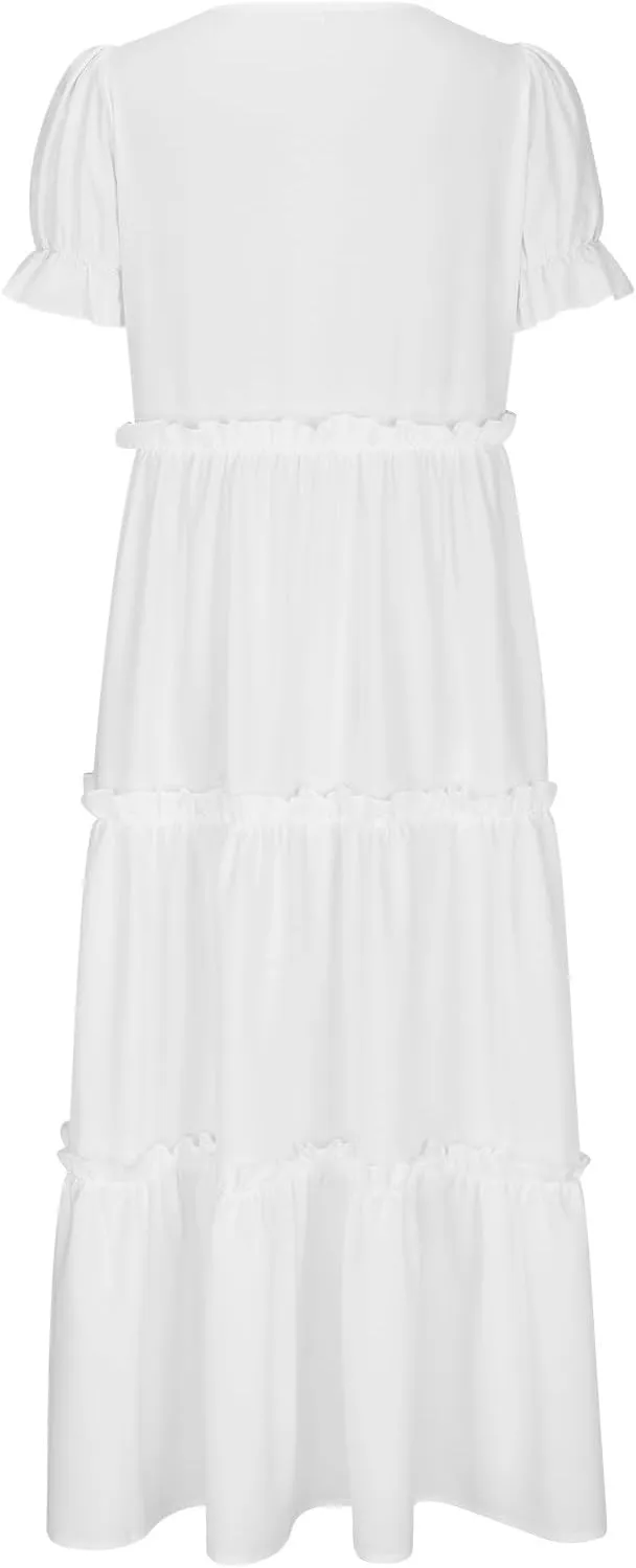 Summer Long Dresses for Women 2024 Casual Loose Fitting Tiered Ankle Length Dresses Solid Short Sleeve Maxi Dress