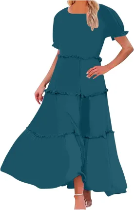 Summer Long Dresses for Women 2024 Casual Loose Fitting Tiered Ankle Length Dresses Solid Short Sleeve Maxi Dress