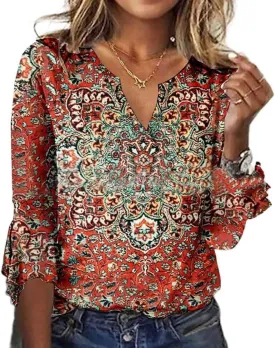 Summer Tops for Women Boho 3/4 Sleeve Vintage Floral Shirts Plus Size Ruffle Sleeve V Neck Tshirt Fashion Blouses