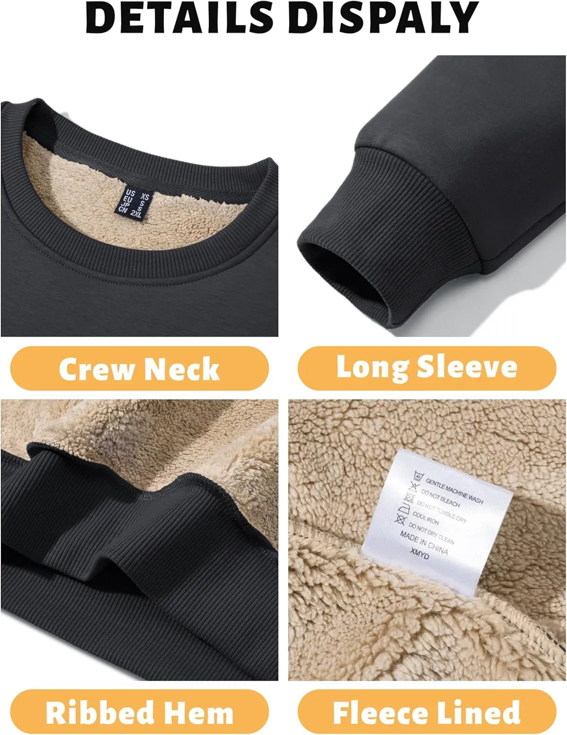 TACVASEN Men's Crewneck Sweatshirt Warm Sherpa Lined Sweatshirts Heavyweight Long Sleeve Underwear Winter Fleece Pullover