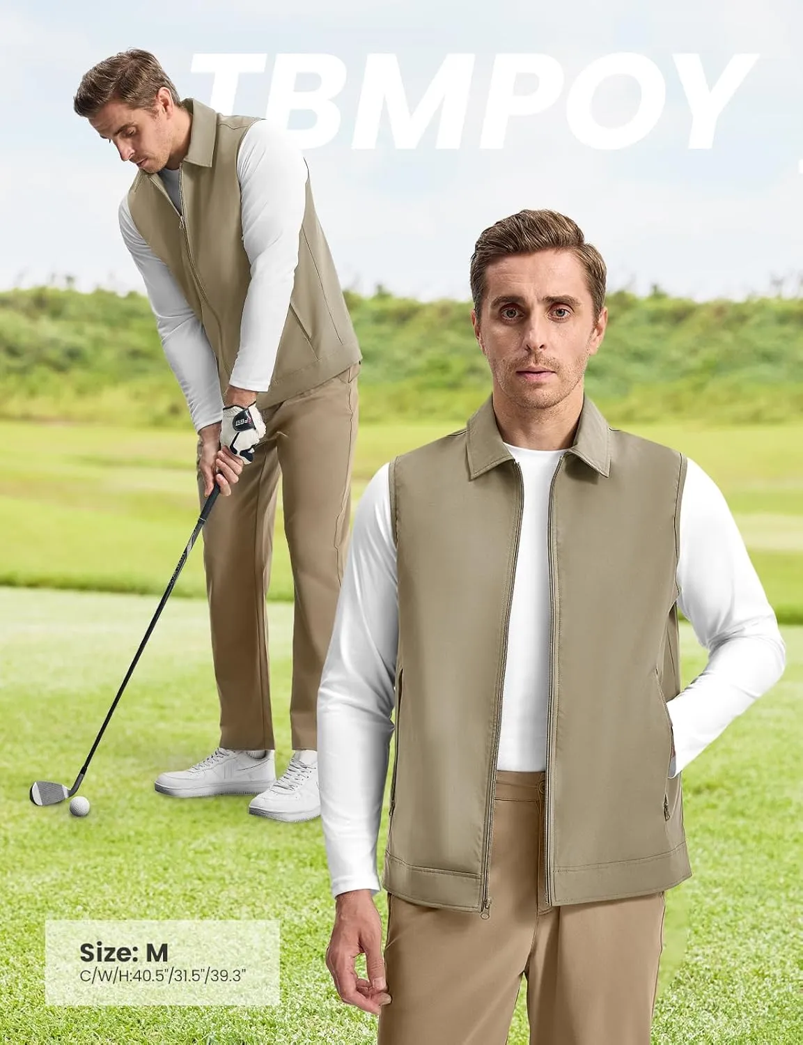 TBMPOY Men's Vest Casual Outerwear Lightweight 3 Zip Pockets Golf Sleeveless Jackets Summer Fall Full Zip Vest Travel