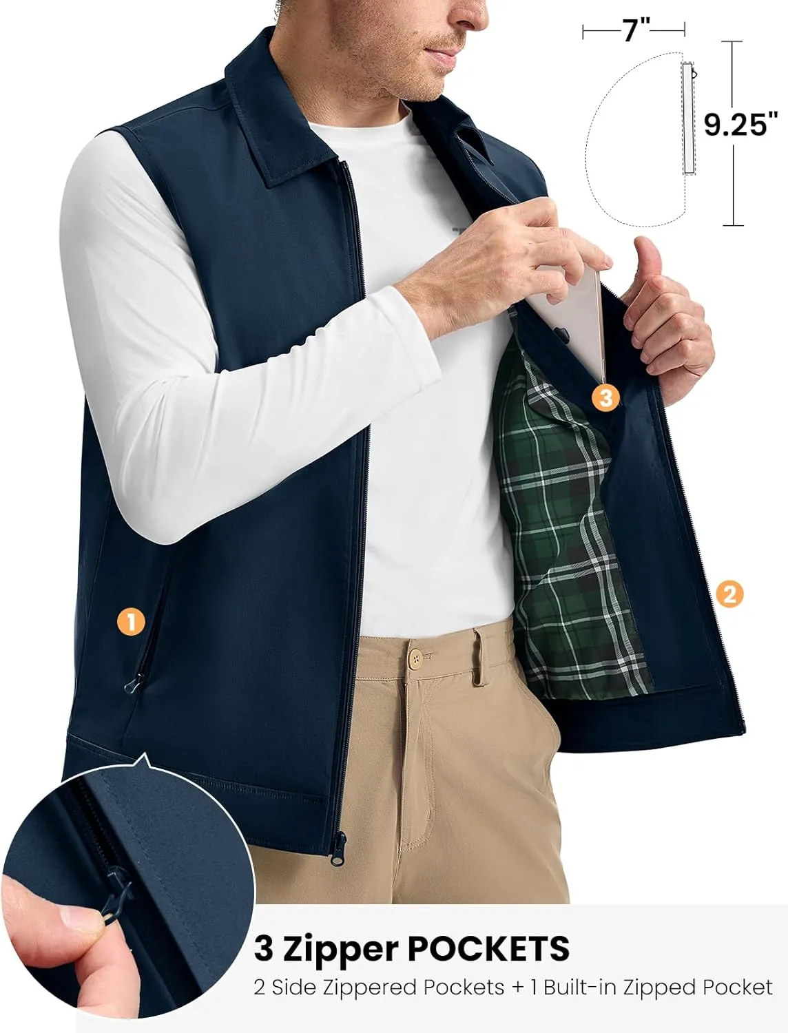 TBMPOY Men's Vest Casual Outerwear Lightweight 3 Zip Pockets Golf Sleeveless Jackets Summer Fall Full Zip Vest Travel