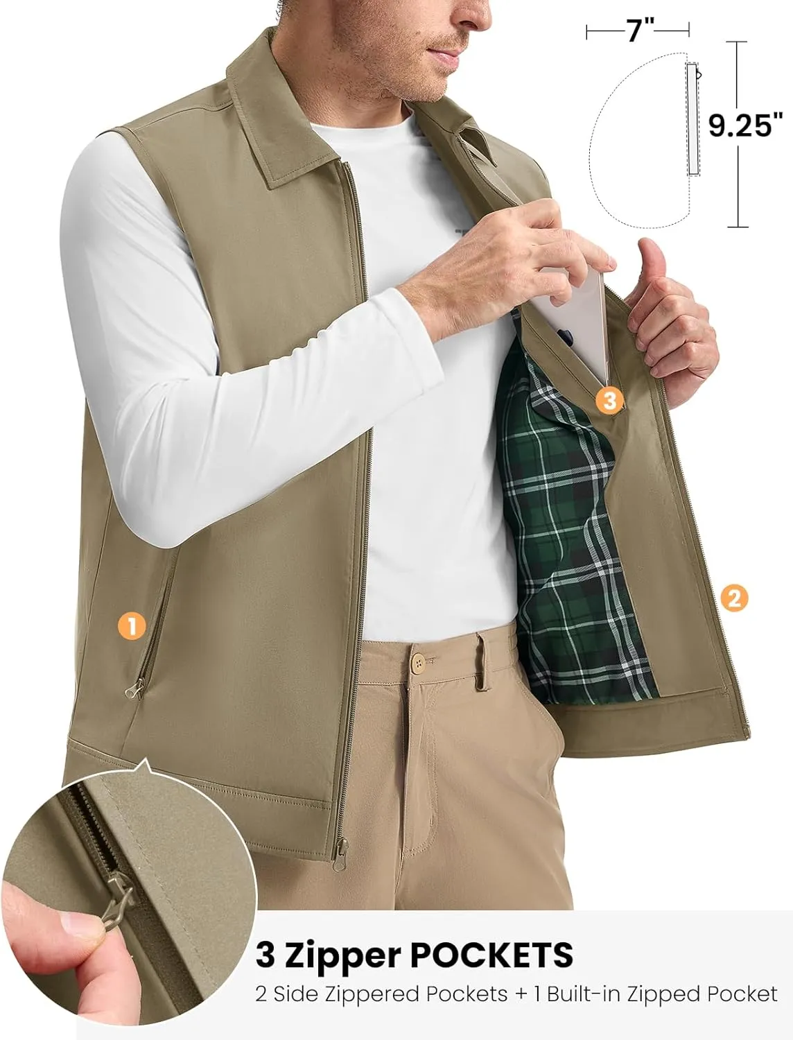 TBMPOY Men's Vest Casual Outerwear Lightweight 3 Zip Pockets Golf Sleeveless Jackets Summer Fall Full Zip Vest Travel