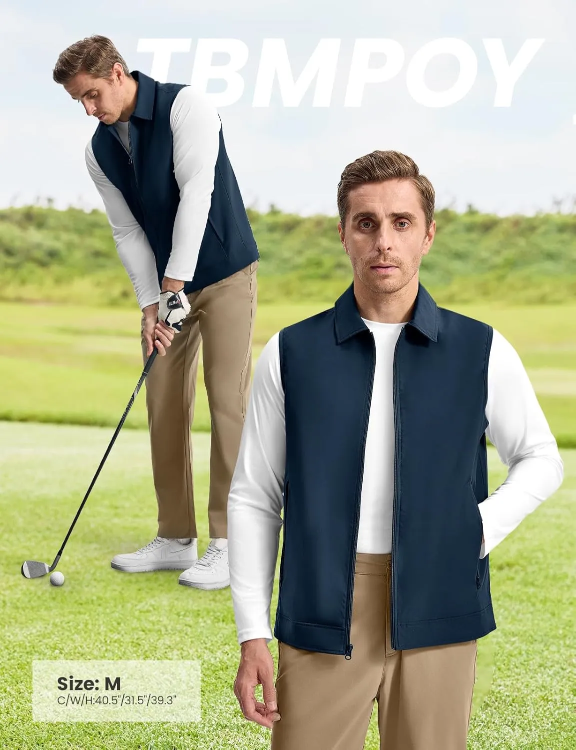 TBMPOY Men's Vest Casual Outerwear Lightweight 3 Zip Pockets Golf Sleeveless Jackets Summer Fall Full Zip Vest Travel