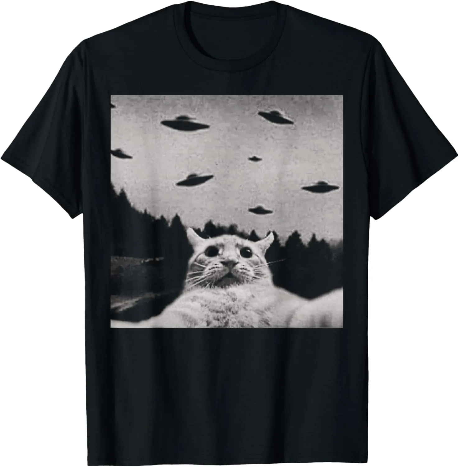 ThreadWeird Alien Cat UFO T-Shirt - Classic Fit, Round Neck, Black, Adult