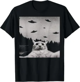 ThreadWeird Alien Cat UFO T-Shirt - Classic Fit, Round Neck, Black, Adult