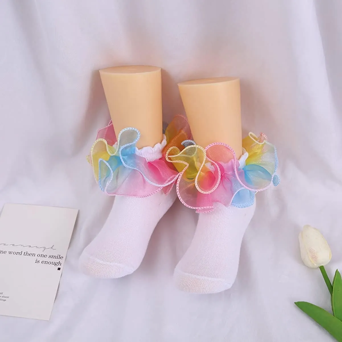 Toddler Girls Socks with Rainbow Lace Ruffle Trim Cotton Baby Socks Frilly Dress Socks for Little Girls
