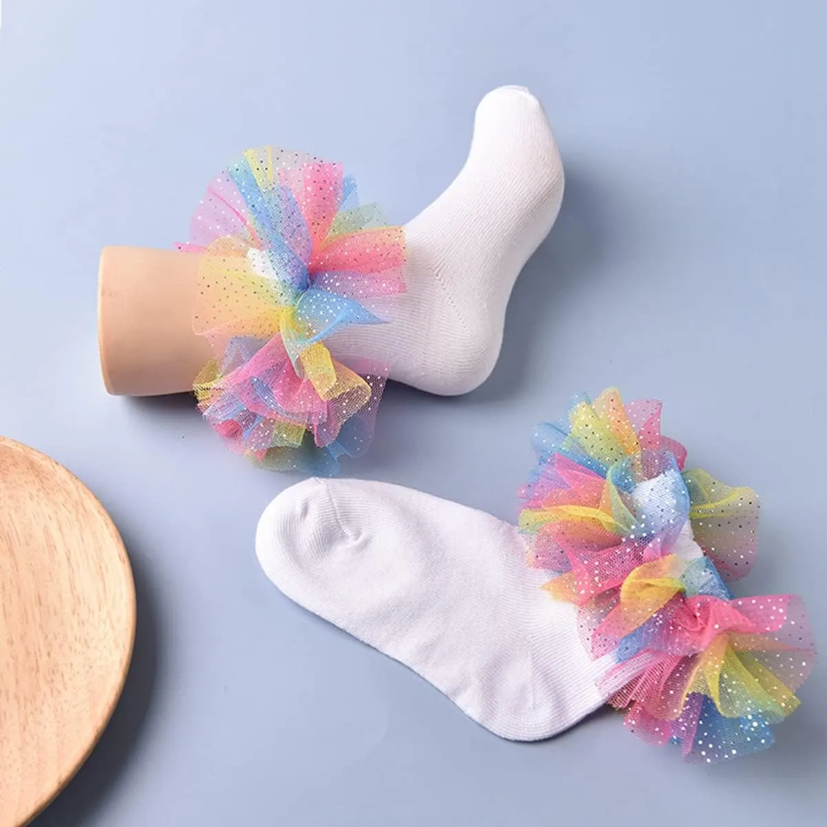 Toddler Girls Socks with Rainbow Lace Ruffle Trim Cotton Baby Socks Frilly Dress Socks for Little Girls