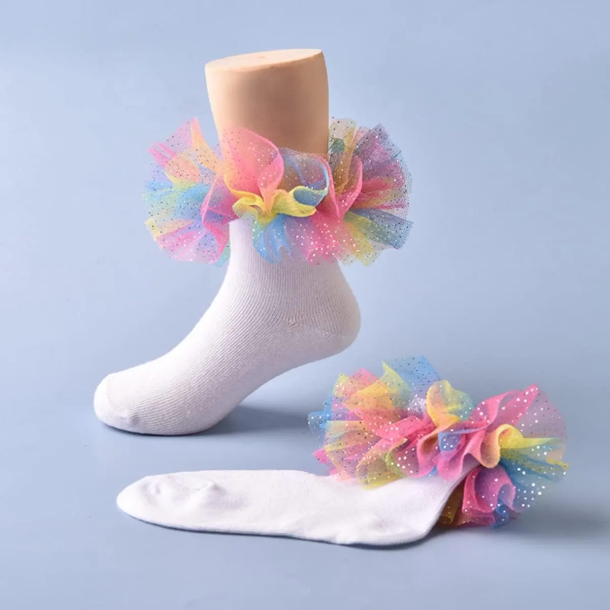 Toddler Girls Socks with Rainbow Lace Ruffle Trim Cotton Baby Socks Frilly Dress Socks for Little Girls