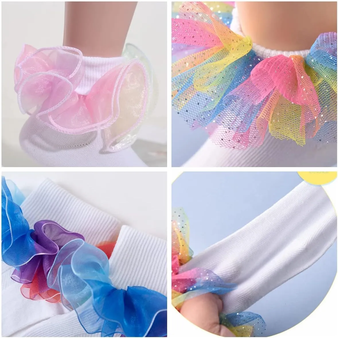 Toddler Girls Socks with Rainbow Lace Ruffle Trim Cotton Baby Socks Frilly Dress Socks for Little Girls