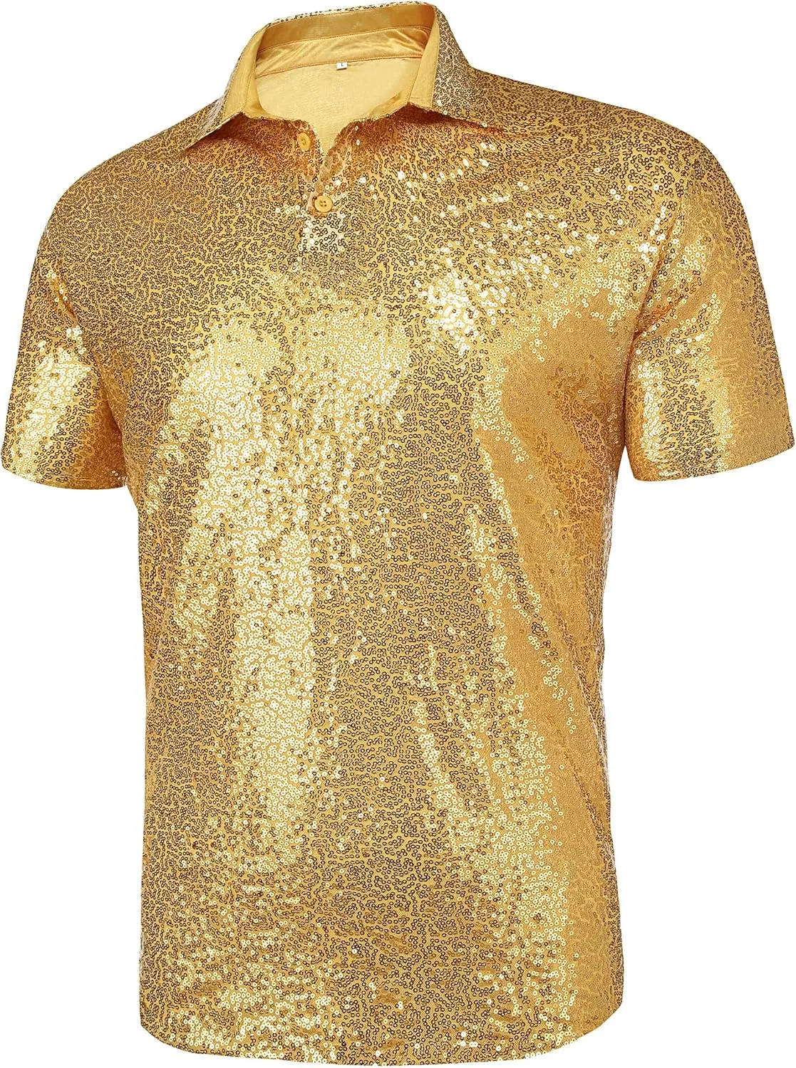 URRU Men's Relaxed Short Sleeve Turndown Sparkle Sequins Polo Shirts 70s Disco Nightclub Party Shirt Top
