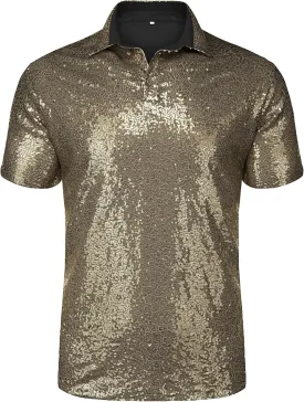 URRU Men's Relaxed Short Sleeve Turndown Sparkle Sequins Polo Shirts 70s Disco Nightclub Party Shirt Top