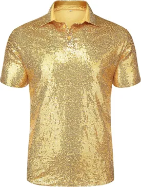 URRU Men's Relaxed Short Sleeve Turndown Sparkle Sequins Polo Shirts 70s Disco Nightclub Party Shirt Top
