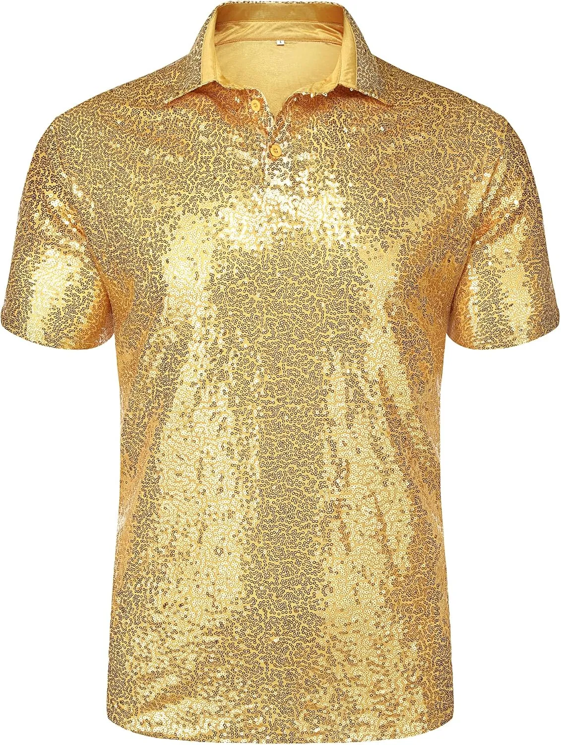 URRU Men's Relaxed Short Sleeve Turndown Sparkle Sequins Polo Shirts 70s Disco Nightclub Party Shirt Top