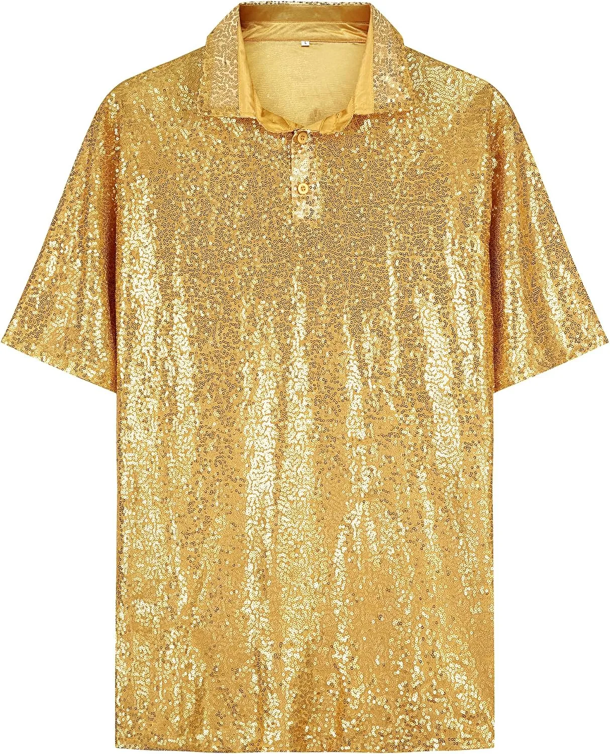 URRU Men's Relaxed Short Sleeve Turndown Sparkle Sequins Polo Shirts 70s Disco Nightclub Party Shirt Top