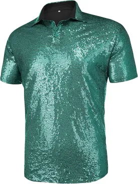 URRU Men's Relaxed Short Sleeve Turndown Sparkle Sequins Polo Shirts 70s Disco Nightclub Party Shirt Top