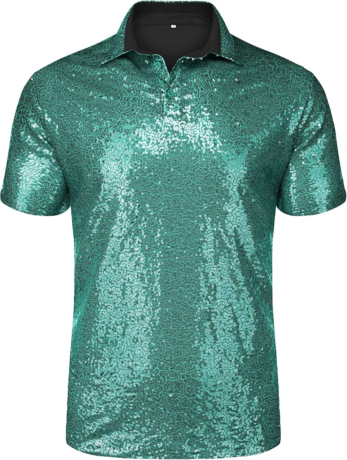 URRU Men's Relaxed Short Sleeve Turndown Sparkle Sequins Polo Shirts 70s Disco Nightclub Party Shirt Top