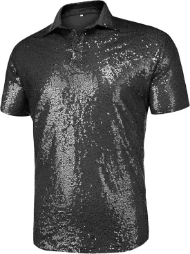 URRU Men's Relaxed Short Sleeve Turndown Sparkle Sequins Polo Shirts 70s Disco Nightclub Party Shirt Top