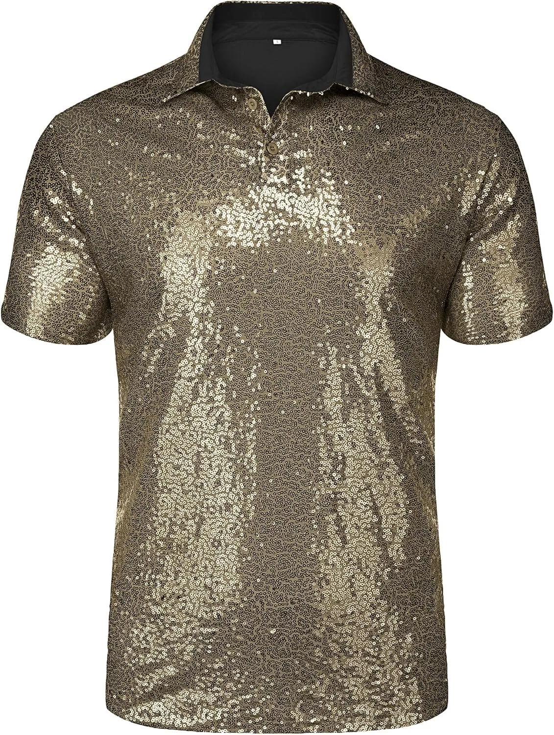 URRU Men's Relaxed Short Sleeve Turndown Sparkle Sequins Polo Shirts 70s Disco Nightclub Party Shirt Top