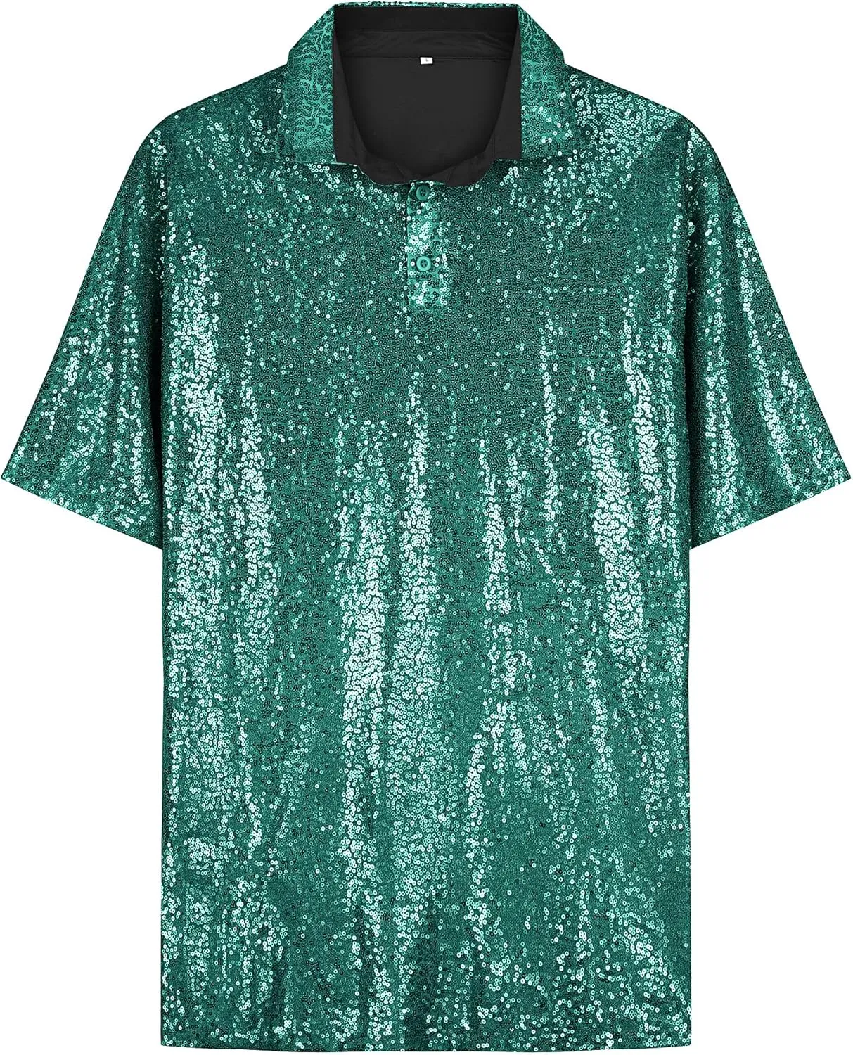 URRU Men's Relaxed Short Sleeve Turndown Sparkle Sequins Polo Shirts 70s Disco Nightclub Party Shirt Top