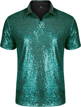 URRU Men's Relaxed Short Sleeve Turndown Sparkle Sequins Polo Shirts 70s Disco Nightclub Party Shirt Tops