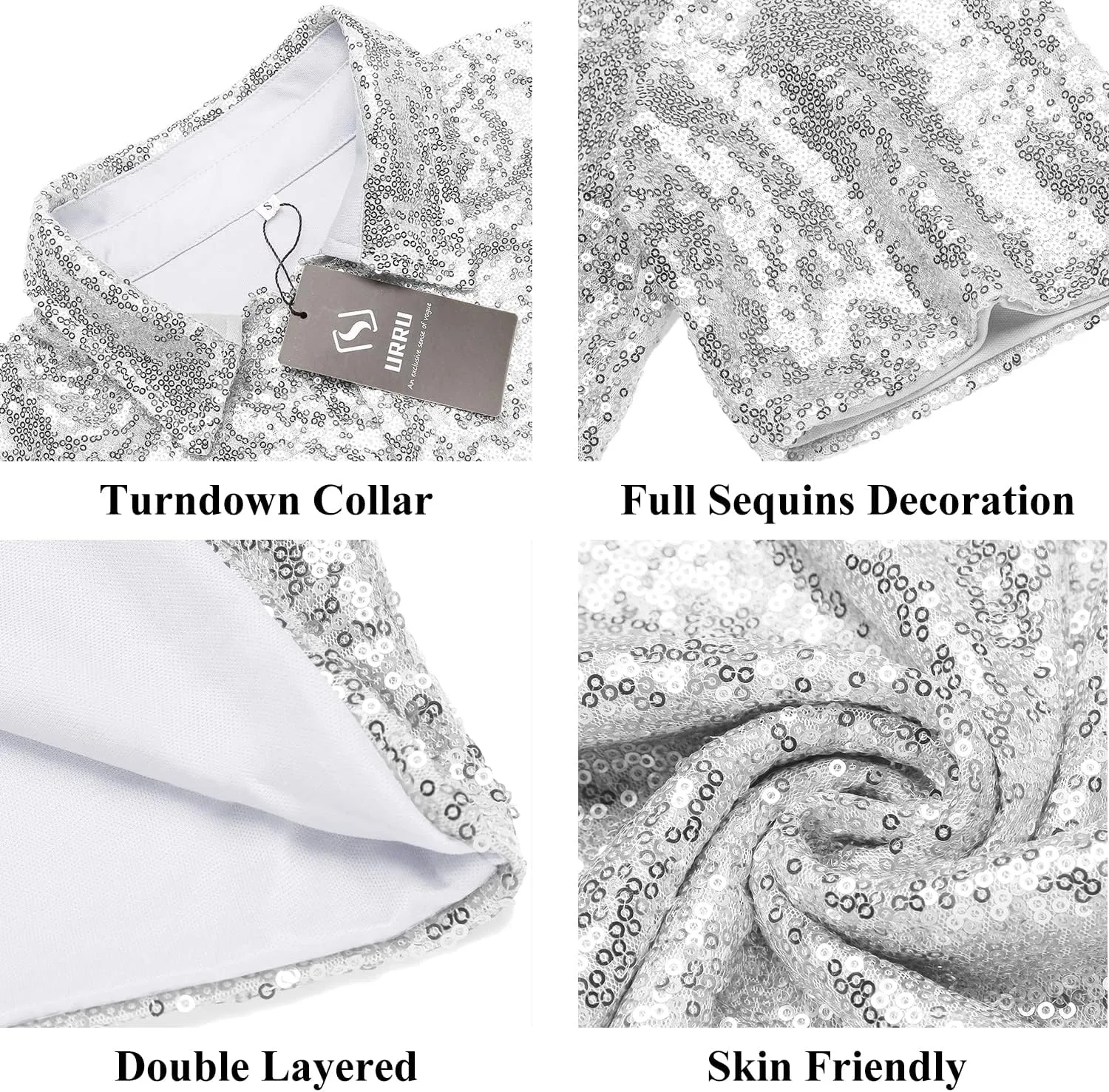 URRU Men's Relaxed Short Sleeve Turndown Sparkle Sequins Polo Shirts 70s Disco Nightclub Party Shirt Tops