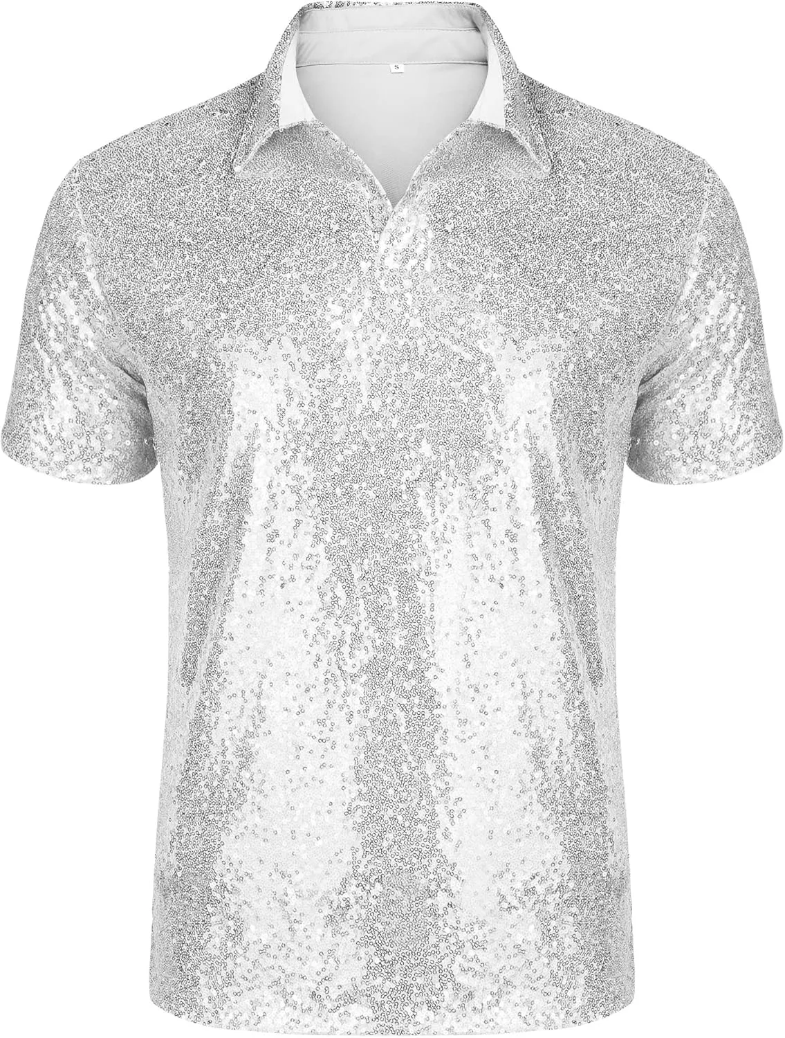 URRU Men's Relaxed Short Sleeve Turndown Sparkle Sequins Polo Shirts 70s Disco Nightclub Party Shirt Tops