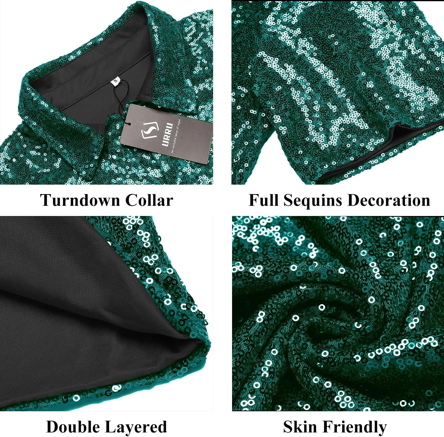 URRU Men's Relaxed Short Sleeve Turndown Sparkle Sequins Polo Shirts 70s Disco Nightclub Party Shirt Tops