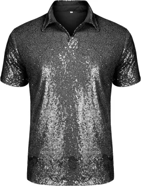 URRU Men's Relaxed Short Sleeve Turndown Sparkle Sequins Polo Shirts 70s Disco Nightclub Party Shirt Tops
