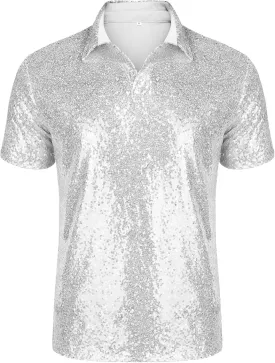 URRU Men's Relaxed Short Sleeve Turndown Sparkle Sequins Polo Shirts 70s Disco Nightclub Party Shirt Tops
