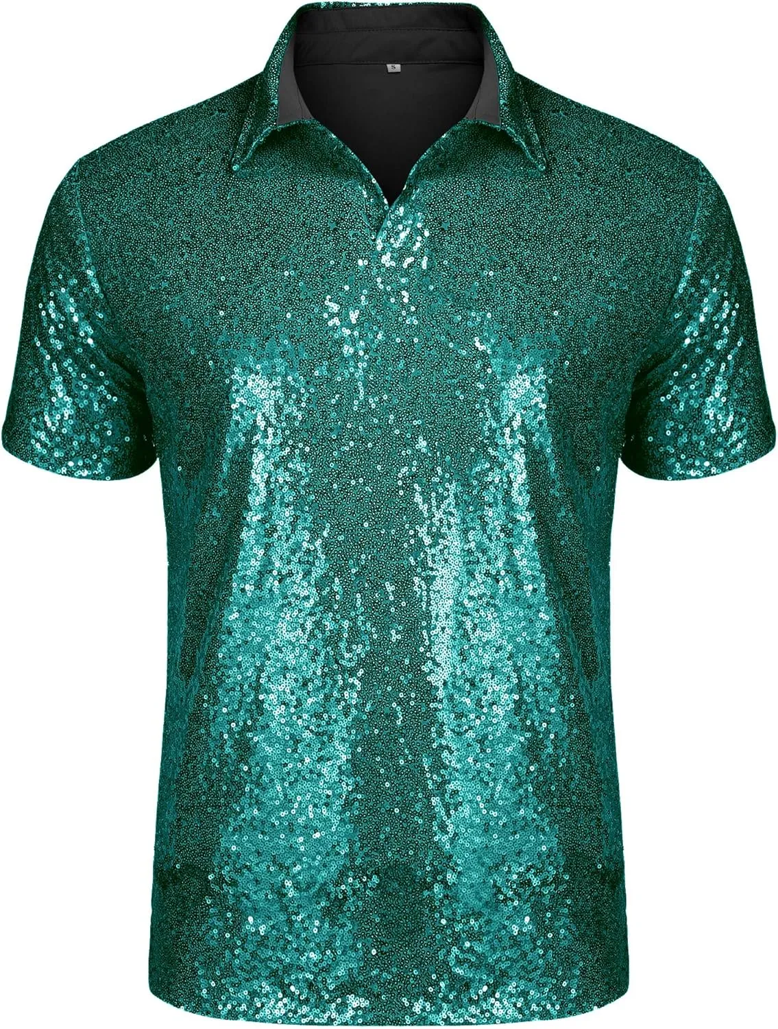URRU Men's Relaxed Short Sleeve Turndown Sparkle Sequins Polo Shirts 70s Disco Nightclub Party Shirt Tops