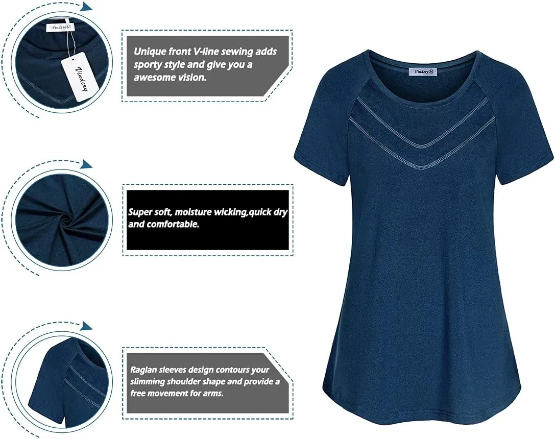Vindery Women Quick-Dry Line Decor Front Yoga Workout Shirts Athletic Gym Loose Fit Tops