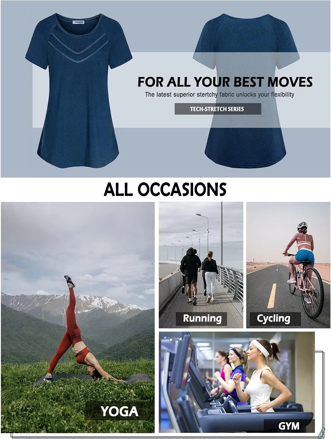Vindery Women Quick-Dry Line Decor Front Yoga Workout Shirts Athletic Gym Loose Fit Tops