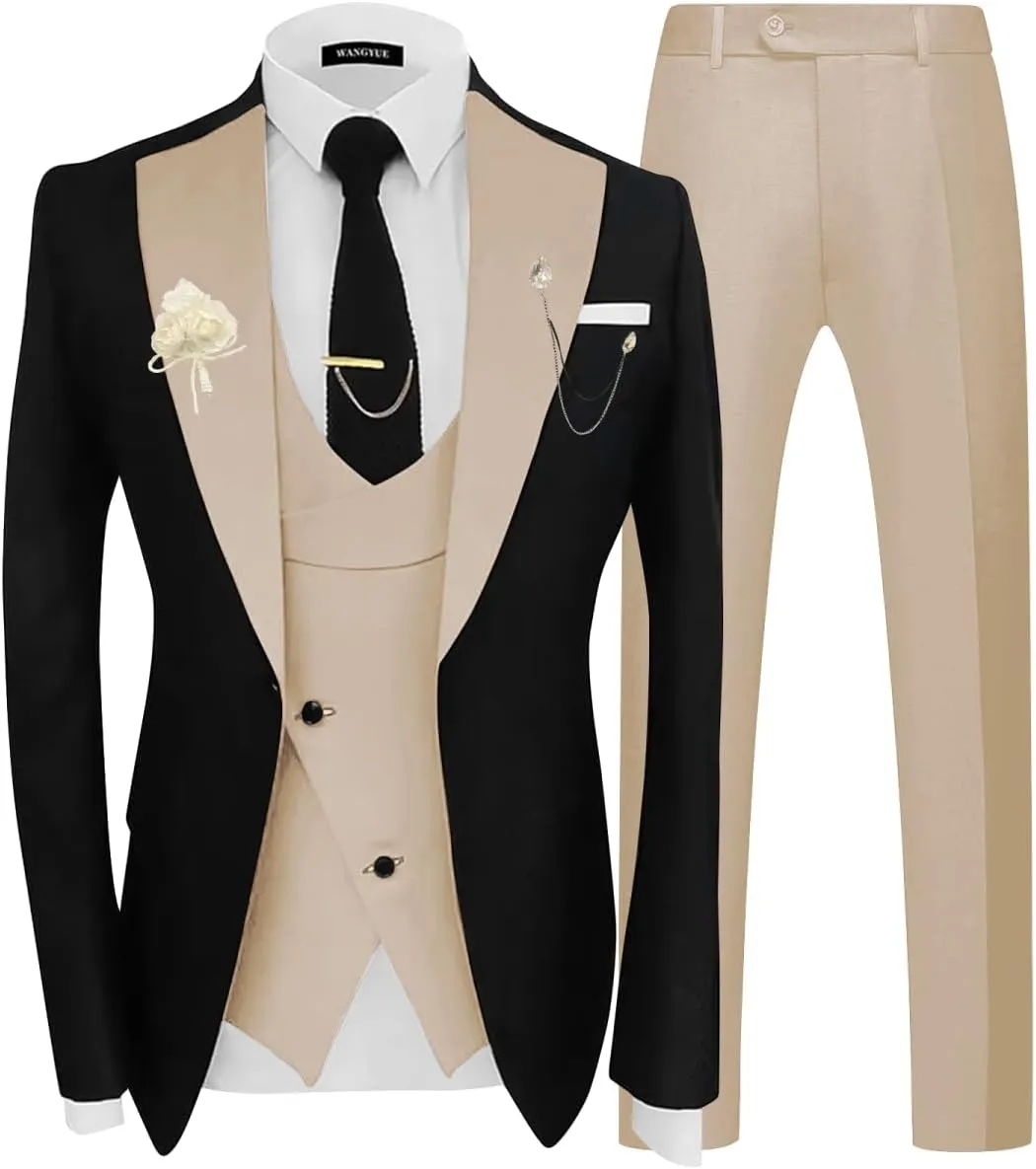 Wangyue 3 Piece Mens Tuxedo Suit Slim Fit Suits for Men Double Breasted Wedding Prom Tuxedos Blazer Vest Pants Sets 2025