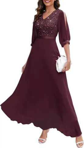 Wedtrend Women's Sequin Dress Sparkly Glitter Dress Split Sleeves Formal Dresses Maxi Evening Dress