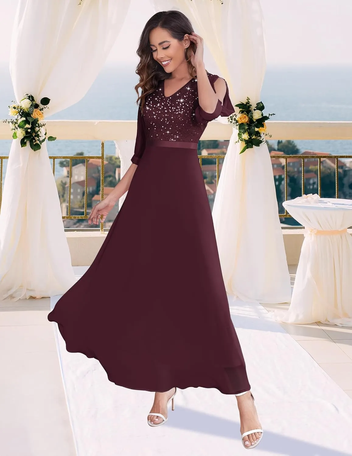 Wedtrend Women's Sequin Dress Sparkly Glitter Dress Split Sleeves Formal Dresses Maxi Evening Dress