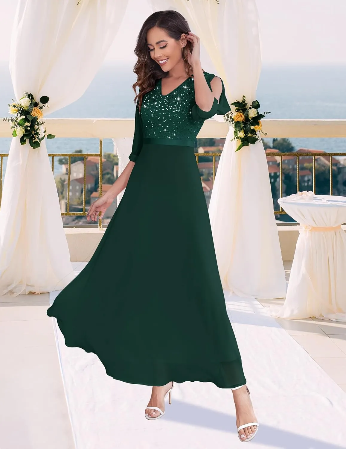 Wedtrend Women's Sequin Dress Sparkly Glitter Dress Split Sleeves Formal Dresses Maxi Evening Dress