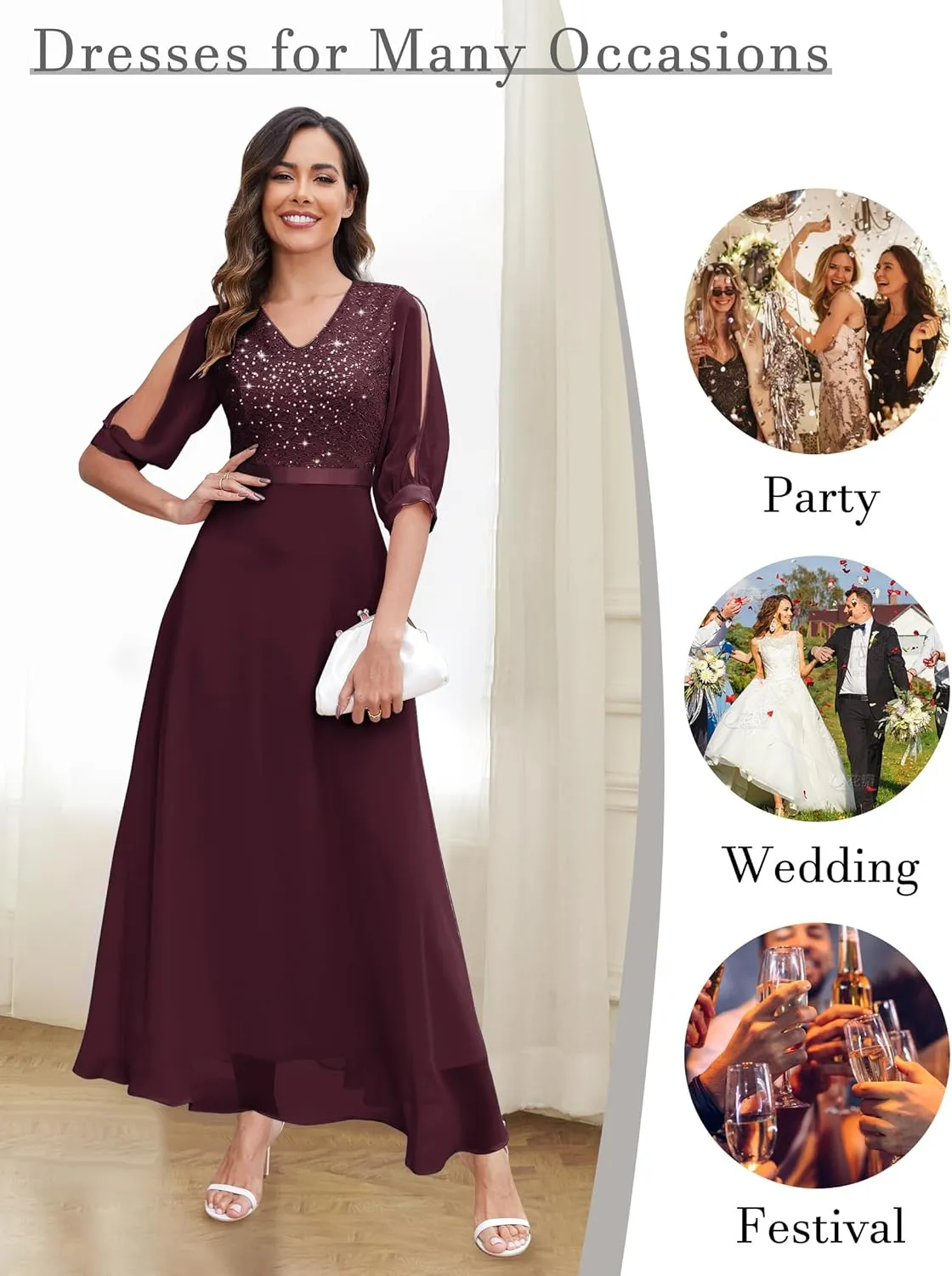 Wedtrend Women's Sequin Dress Sparkly Glitter Dress Split Sleeves Formal Dresses Maxi Evening Dress