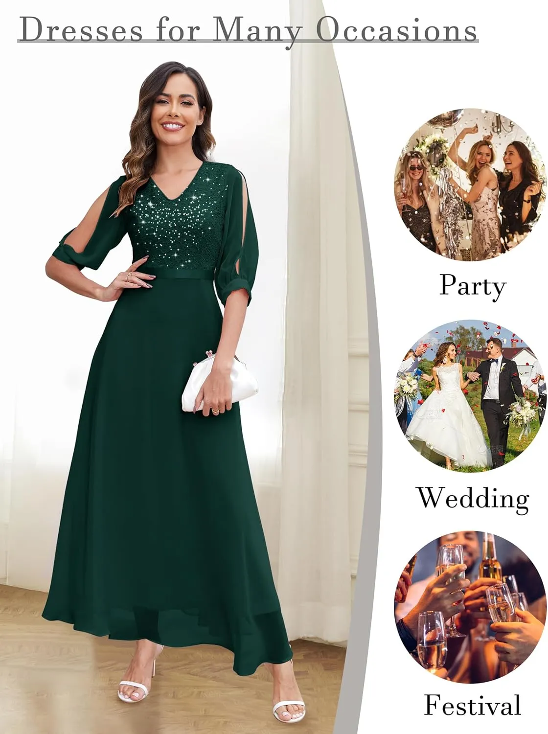 Wedtrend Women's Sequin Dress Sparkly Glitter Dress Split Sleeves Formal Dresses Maxi Evening Dress