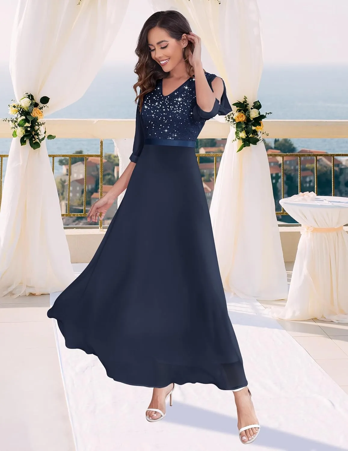 Wedtrend Women's Sequin Dress Sparkly Glitter Dress Split Sleeves Formal Dresses Maxi Evening Dress