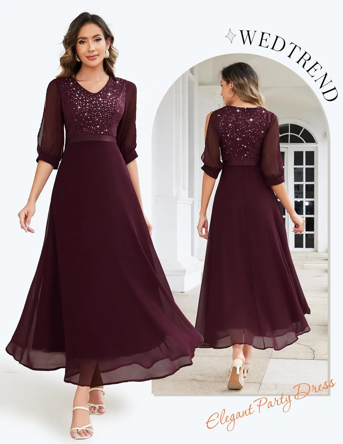 Wedtrend Women's Sequin Dress Sparkly Glitter Dress Split Sleeves Formal Dresses Maxi Evening Dress
